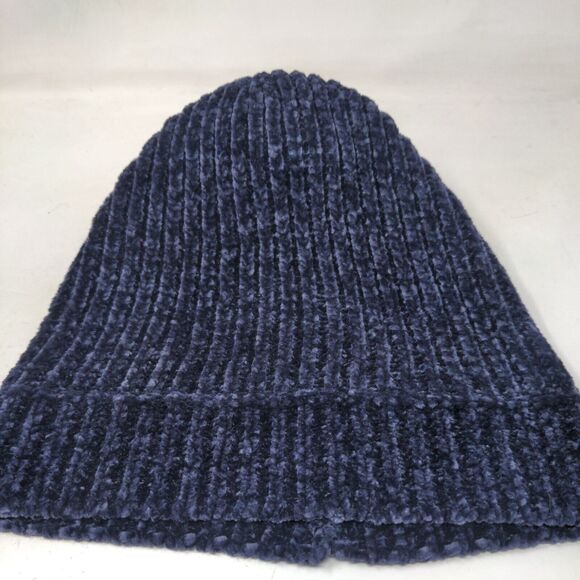 LOFT Beanie Hat Blue One Size Stretch Ribbed Knit Pom Pom Fleece Blank - Picture 8 of 9